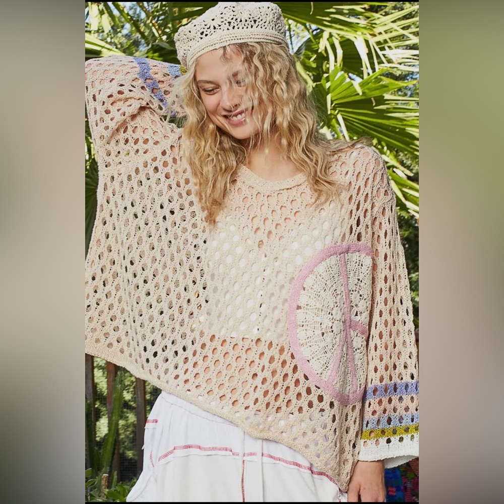 POL Open-Knit V-Neck Sweater in Beige with Pink and Blue Accents - Picture 4 of 11
